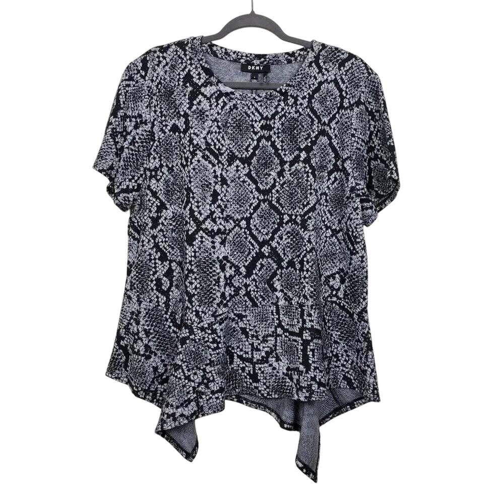 DKNY Asymmetrical Peplum Top Women XL Snake Print Grey Black Short Sleeve NEW